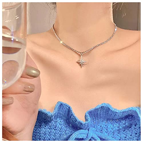 Cimenexe Böhmische Cz Northstar Anhänger Halskette Funkelnde Tennis Kette Halskette Vintage Kristall Stern Choker Kette Minimalistisch Strass Kette Halskette Silber Einstellbar Stern Clavicle von Cimenexe