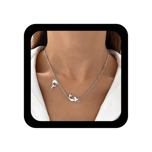 Cimenexe Böhmische Delphin Meerjungfrau Choker Halskette Silber Delphin Fisch Anhänger Halsketten Kleine Meerjungfrau Kette Halsketten Niedlichen Ozean Fisch Kragen Halskette Schmuck Für Frauen von Cimenexe