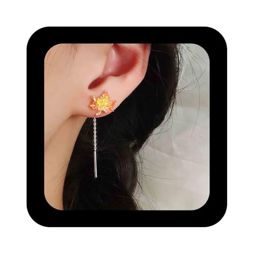 Cimenexe Böhmische Emaille Blatt Baumeln Ohrringe Rot Ahornblätter Quaste Kette Ohrring Kleine Ahornblatt Kette Tropfen Ohrring Acryl Blätter Einfädler Ohrringe Schmuck Für Frauen von Cimenexe