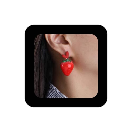 Cimenexe Böhmische Emaille Erdbeere Baumeln Ohrringe Rot Erdbeere Obst Tropfen Ohrring Rot Acryl Herz Ohrstecker Niedlich Obst Ohrringe Schmuck Für Frauen von Cimenexe