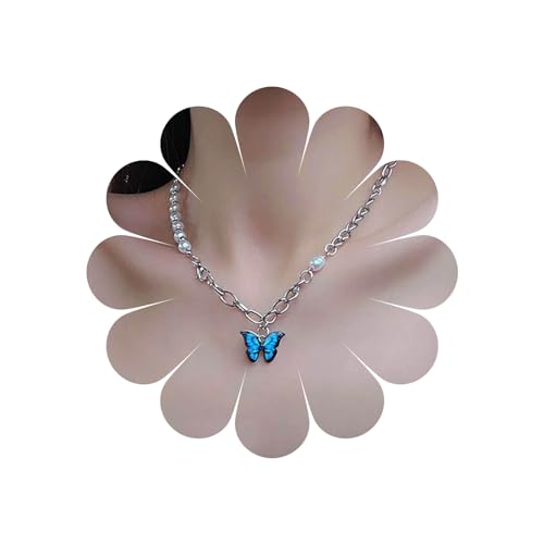 Cimenexe Böhmische Emaille Schmetterling Perle Choker Halskette Blau Acryl Schmetterling Anhänger Silber Perle Panzerkette Frauen und Mädchen von Cimenexe