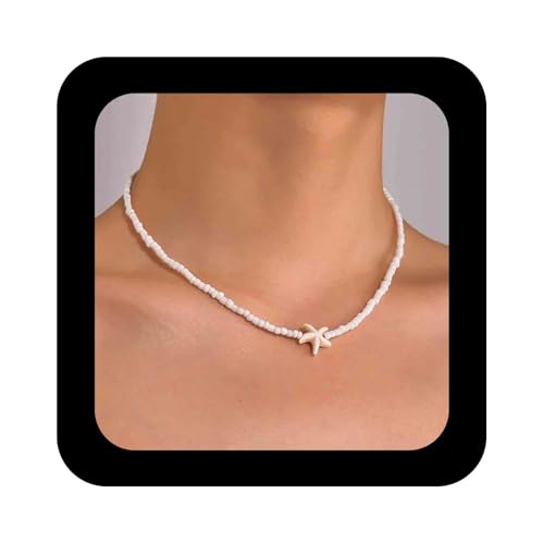 Cimenexe Böhmische Emaille Seestern Choker Halskette Kleine Weiße Seestern Anhänger Halsketten Handgemachte Samen Perle Kragen Halsketten Seestern Reis Perle Halskette Schmuck Für Frauen (weiß) von Cimenexe