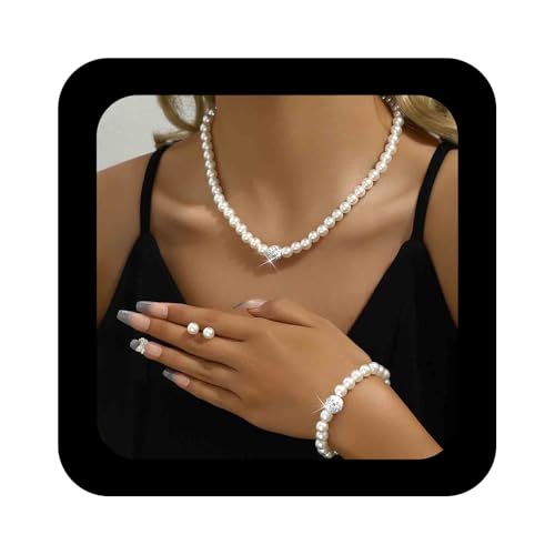 Cimenexe Böhmische Kristall Perlen Kette Halskette Silber Cz Kugel Choker Halskette Weiße Perle Kragen Halskette Perle Strass Ohrringe Armband Halskette Set Schmuck Für Frauen von Cimenexe