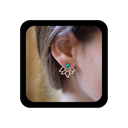 Cimenexe Böhmische Lotusblume Ohrjacke - Vintage Türkis Perlen Ohrringe Mit Hohler Blume - Gold Lotus Jacke Mit Blauer Perle - Vorderseite Rückseite Schmuck für Frauen von Cimenexe