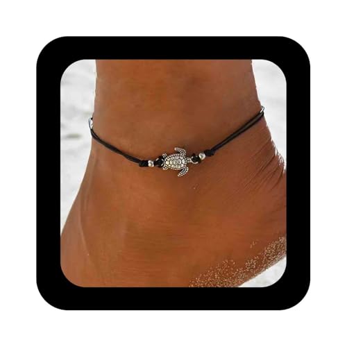 Cimenexe Böhmische Meeresschildkröte Fußkettchen Armband Schwarz Gewebtes Seil Knöchelarmband Silber Metall Schildkröte Kette Fußkettchen Verstellbar Wachs Schnur Fußkettchen Sommer Strand Fuß von Cimenexe