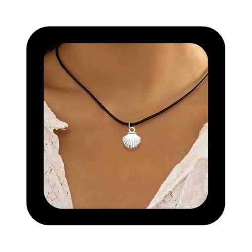 Cimenexe Böhmische Muschel Choker Halskette Silber Metall Jakobsmuschel Anhänger Halskette Schwarze Muschel Wachs Seil Kette Halskette Minimalistische Muschel Kragen Halskette Schmuck Für Frauen von Cimenexe