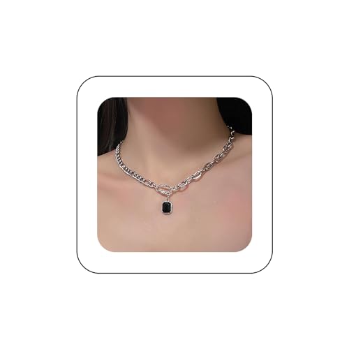 Cimenexe Böhmische Quadratische Onyx Halskette Kleine Kristall Onyx Anhänger Halskette Silber Büroklammer Kette Halskette Geometrische Onyx Kragen Halskette Schmuck Für Frauen Und Mädchen Geschenke von Cimenexe