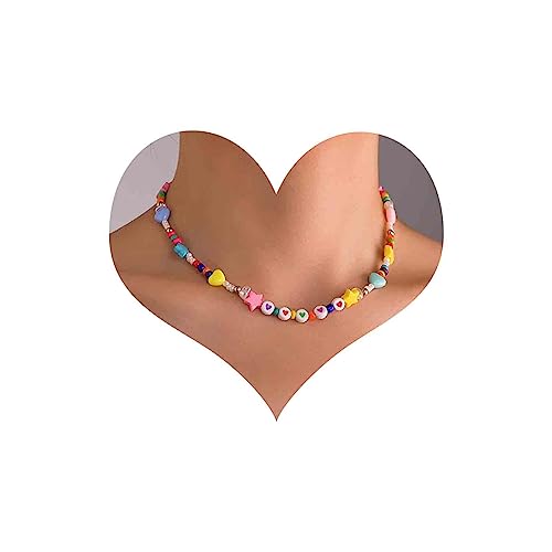 Cimenexe Böhmische Regenbogen Stern Herz Choker Halskette Acryl Samen Perlen Halskette Multi Farbe Reis Perlen Halskette Bunte Stern Herz Kette Halskette Schmuck Für Frauen Und Mädchen Geschenke von Cimenexe