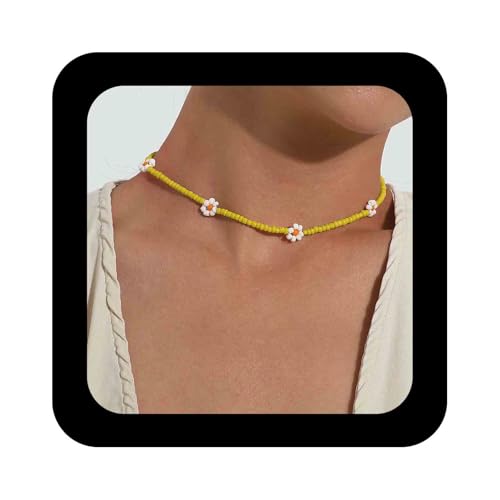 Cimenexe Böhmische Reisperlen Choker Halskette Minimalistische Blume Reisperlen Kette Halsketten Gelbe Samen Perlen Kragen Halsketten Kleine Emaille Blume Halskette Schmuck Für Frauen (gelb) von Cimenexe