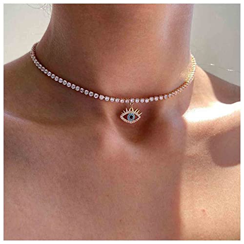 Cimenexe Böhmische Saphir Teufel Auge Choker Halskette Gold Tennis Kristall Kette Halskette Blau Cz Auge Anhänger Halskette Gepflastert Strass Böse Auge Halskette Schmuck Für Frauen Und Mädchen von Cimenexe