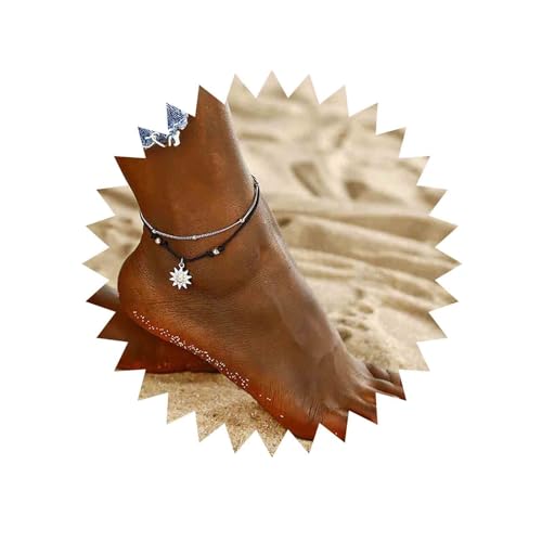 Cimenexe Böhmische Sonne Baumeln Fußkettchen Schwarz Gewebt Seil Knöchel Armband Silber Geschichtet Kette Fußkettchen Einstellbar Wachs Fußkettchen Sommer Strand Fuß Kette Schmuck von Cimenexe