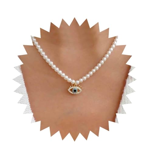 Cimenexe Böhmischen Kristall Böse Auge Choker Halskette Weiß Runde Perle Kette Halskette Gold Cz Teufel Auge Anhänger Halskette Strass Perle Dämon Auge Halskette Schmuck Für Frauen Und Mädchen von Cimenexe