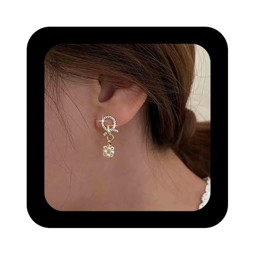 Cimenexe Böhmischen Kristall Bogen Baumeln Ohrringe Gold Cz Knoten Ohrstecker Ohrring Runde Perle Quaste Tropfen Ohrring Strass Bogen Perle Tropfen Ohrringe Schmuck Für Frauen von Cimenexe