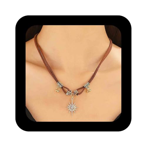 Cimenexe Böhmischen Kristall Starburst Choker Halskette Gold Cz Stern Anhänger Halsketten Braun Leder Wildleder Schnur Kette Halsketten Strass Sunburst Wildleder Kragen Halskette Schmuck Für Frauen von Cimenexe