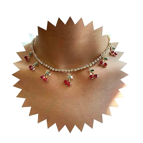 Cimenexe Böhmischen Rubin Kirsche Choker Halskette Gold Cz Tennis Kette Halskette Rot Kristall Kirsche Anhänger Halskette Kleine Strass Kirsche Baumeln Halskette Schmuck Für Frauen Und Mädchen von Cimenexe