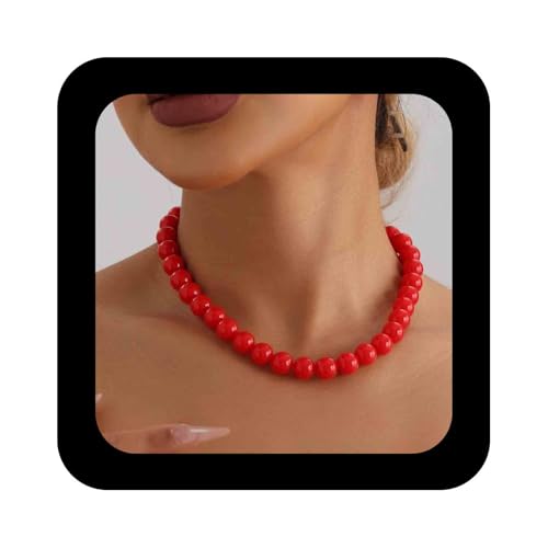 Cimenexe Bohème Acryl Perlen Halskette Acryl Rot Perlen Halskette Rund Rot Perlen Kette Halskette Klobig Harz Perlen Halskette Schmuck Für Frauen von Cimenexe