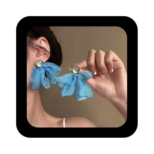 Cimenexe Bohème Chiffon Spitze Blume Baumeln Ohrringe Blau Chiffon Blume Tropfen Ohrringe Große Blaue Spitze Blütenblatt Ohrringe Runden Mondstein Ohrstecker Schmuck Für Frauen von Cimenexe