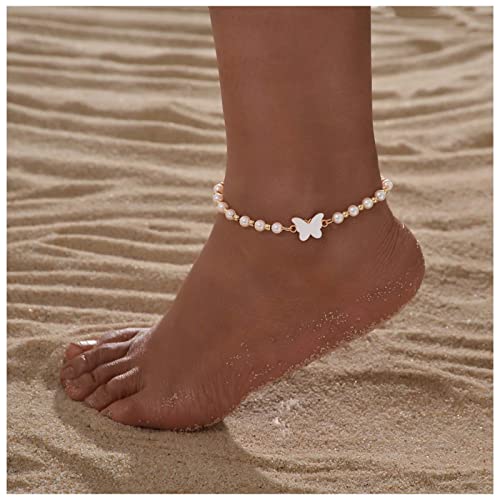 Cimenexe Bohème Emaille Schmetterling Fußkettchen Armband Weiß Perle Knöchel Armband Perle Schmetterling Kette Fußkettchen Verstellbar Perle Fußkettchen Sommer Strand Fußkette Schmuck Für Frauen Und von Cimenexe