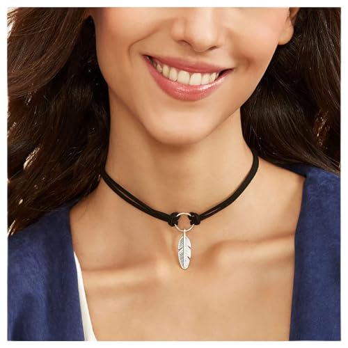 Cimenexe Bohème Feder Anhänger Halskette Schwarzes Wildleder Choker Halskette Geschichtet Samt Kragen Halskette Kreis Leder Choker Halskette Schmuck Für Frauen Und Mädchen von Cimenexe