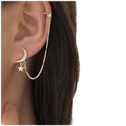 Cimenexe Bohème Gepflastert Mond Manschette Kette Ohrringe Kristall Cz Northstar Manschette Kette Ohrringe Stern Knorpel Quaste Ohrring Gold Strass Helix Kette Ohrringe Schmuck Für Frauen Und Mädchen von Cimenexe