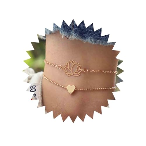 Cimenexe Bohème Geschichtet Lotus Blume Fußkettchen Gold Herz Knöchel Armband Perle Kette Fußkettchen Einstellbar Yoga Fußkettchen Sommer Strand Fußkette Schmuck Für Frauen von Cimenexe