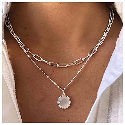 Cimenexe Bohème Geschichtet Opal Halskette Runde Mondstein Anhänger Halskette Kette Silber Büroklammer Link Kette Halskette Punk Büroklammer Halskette Schmuck Für Frauen Und Mädchen Geschenke von Cimenexe