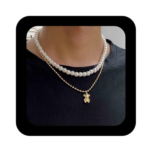 Cimenexe Bohème Geschichtet Perle Bär Choker Halskette Gold Bär Anhänger Halskette Runde Perle Kragen Halskette Niedlichen Bären Kugelkette Halskette Schmuck Für Frauen von Cimenexe