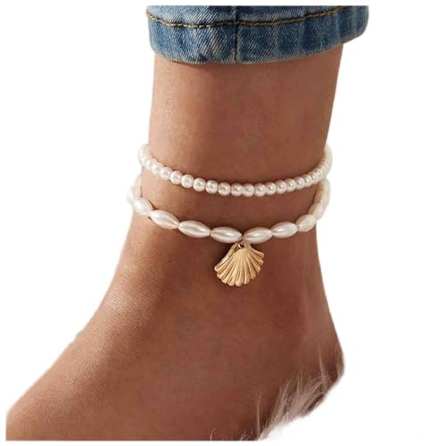 Cimenexe Bohème Geschichtet Perle Fußkettchen Gold Jakobsmuschel Baumeln Knöchel Armband Oval Perlenkette Fußkettchen Einstellbar Kauri Fußkettchen Sommer Strand Fußkette Schmuck von Cimenexe