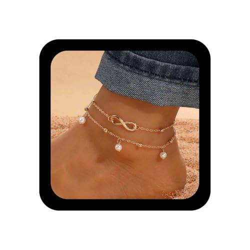 Cimenexe Bohème Geschichtet Perle Knöchel Armband Gold Figur Acht Unendlichkeit Fußkettchen Perle Station Box Kette Fußkettchen Freundschaft Unendlichkeit Fußkette Fußkettchen Sommer Strand von Cimenexe