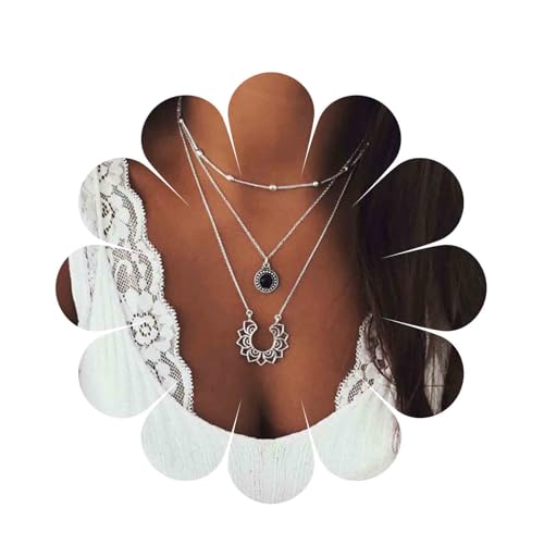 Cimenexe Bohème Geschichtet Schwarzer Edelstein Anhänger Halskette Silberne Runde Blume Filigrane Choker Halskette Schwarzer Onyx Halskette Satellitenkette Halskette Schmuck Für Frauen Und Mädchen von Cimenexe