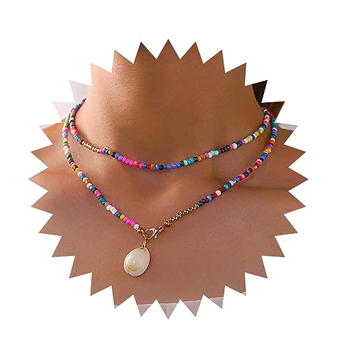 Cimenexe Bohème Geschichtet Shell Choker Halskette Acryl Regenbogen Samen Perlen Halskette Kaurimuschel Anhänger Halskette Handgemachte Muschel Reis Perlen Halskette Schmuck Für Frauen Und Mädchen von Cimenexe