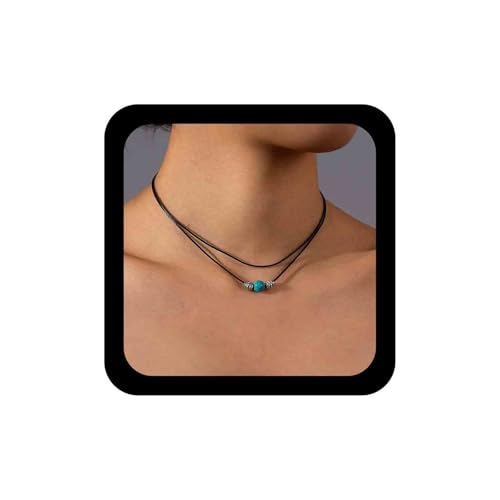 Cimenexe Bohème Geschichtet Türkis Choker Halskette Blau Türkis Perle Anhänger Halsketten Schwarz Leder Wachs Seil Halsketten Stammes-Wachs Schnur Kette Halskette Schmuck Für Frauen von Cimenexe