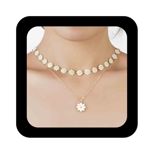Cimenexe Bohème Geschichtetes Gänseblümchen Choker Halskette Weiß Emaille Gänseblümchen Anhänger Halskette Gold Sonnenblumen Kette Halskette Kleine Gänseblümchen Blume Halskette Schmuck Für Frauen von Cimenexe