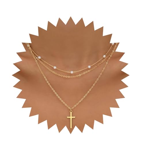 Cimenexe Bohème Geschichtetes Kreuz Anhänger Halskette Gold Kreuz Choker Halskette Multi Schichtung Kreuz Halskette Perle Satellit Kette Halskette Schmuck Für Frauen Und Mädchen Geschenke von Cimenexe
