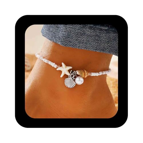 Cimenexe Bohème Kauriseestern Knöchelarmband Silber Muschel Perle Fußkettchen Weiß Reisperlen Kette Fußkettchen Natur Muschel Seestern Fußkettchen Sommer Strand Fußkette Schmuck Für Frauen von Cimenexe