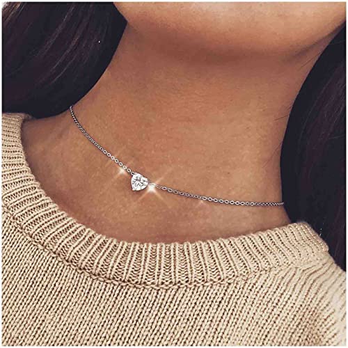 Cimenexe Bohème Kristall Herz Halskette Choker Silber Liebe Herz Choker Halskette Strass Kragen Choker Halsketten Minimal Schlüsselbein Kette Halskette Schmuck Für Frauen Und Mädchen von Cimenexe