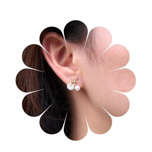 Cimenexe Bohème Kristall Muschel Perlen Ohrringe Gold Seestern Muschel Ohrstecker Kleine Cz Muschel Ohrringe Asymmetrische Muschel Perlen Ohrringe Schmuck Für Frauen Und Mädchen Geschenke von Cimenexe