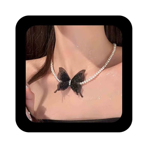 Cimenexe Bohème Kristall Spitze Schmetterling Choker Halskette Schwarz Chiffon Schmetterling Anhänger Halsketten Retro Perlenkette Kragen Halsketten Minimalistische Cz Spitze Schmetterlinge(schwarz) von Cimenexe