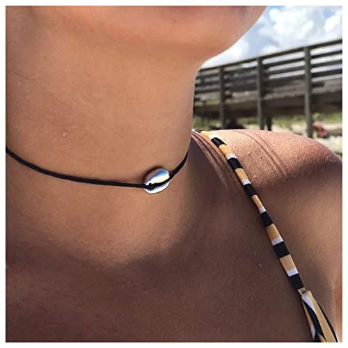 Cimenexe Bohème Muschel Anhänger Halskette Cowrie Choker Halskette Kette Schwarz Leder Choker Halskette Metall Muschel Kragen Halskette Schwarz Verstellbar Halskette Schmuck Für Frauen Und Mädchen von Cimenexe