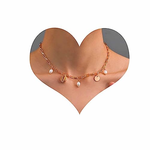 Cimenexe Bohème Muschel Perlenkette Gold Kaurimuschel Anhänger Halskette Perlenmünze Choker Halskette Disc Büroklammer Gliederkette Halskette Schmuck Für Frauen Und Mädchen von Cimenexe