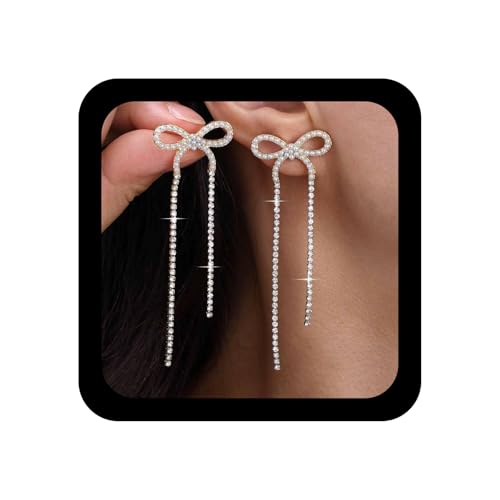 Cimenexe Bohème Perle Bogen Quaste Baumeln Ohrringe Lange Kristall Tennis Kette Tropfen Ohrringe Gold Perle Schleife Krawatte Ohrstecker Perle Bogen Quaste Kette Ohrringe Schmuck Für Frauen von Cimenexe