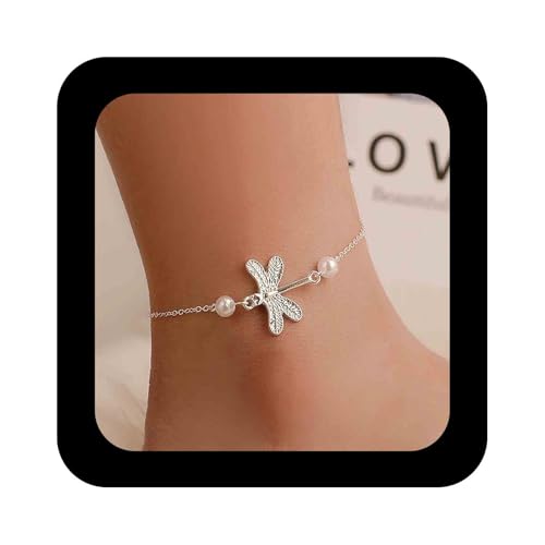 Cimenexe Bohème Perle Libelle Knöchel Armband Silber Texturiert Libelle Knöchel Weiß Perle Strand Fußkettchen Metall Libellen Fußkette Fußkettchen Sommer Strand Fußkette Schmuck Für Frauen von Cimenexe