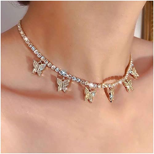 Cimenexe Bohème Schmetterling Halskette Kristall Schmetterling Anhänger Halskette Kette Gold Strass Kette Choker Halskette Vintage Tennis Schlüsselbein Halskette Kette Schmuck Für Frauen Und Mädchen von Cimenexe