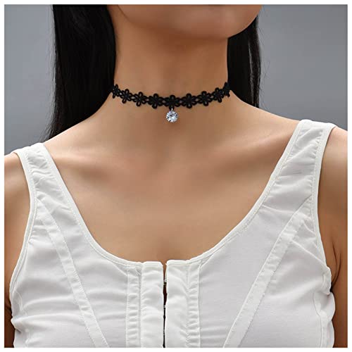 Cimenexe Bohème Schwarzer Spitze Blume Choker Halskette Kristall Anhänger Halskette Schwarzer Spitze Schlüsselbein Choker Halskette Kurz Tattoo Spitze Halskette Kette Vintage Blume Spitze Halskette von Cimenexe