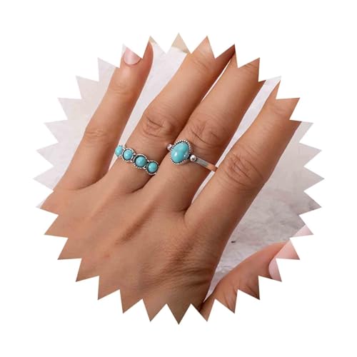 Cimenexe Bohème Türkis Fingerringe Silber Türkis Stein Ringe Blau Türkis Knöchel Ring Vintage Oval Türkis Ringe Schmuck Für Frauen Und Mädchen Geschenke 2 Stück von Cimenexe