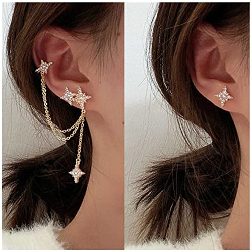Cimenexe Bohemian Crystal Star Cuff Chain Ohrringe Paved Star Knorpel Cuff Ohrringe Northstar Quaste Kette Studs Ohrring Star Dangle Ohrringe Gold Star Studs Ohrringe Set Schmuck für Frauen und von Cimenexe