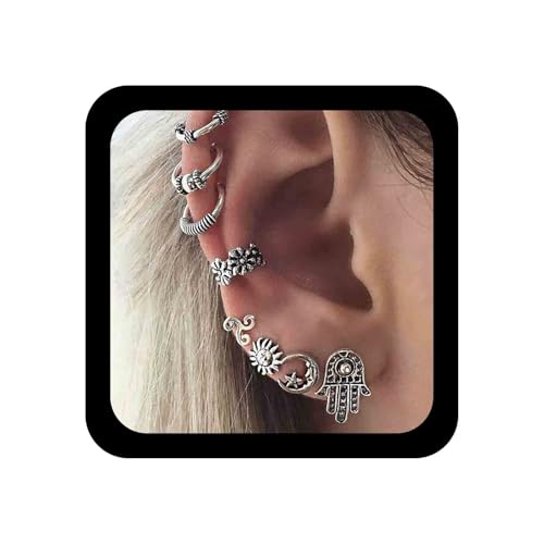 Cimenexe Bohemian Halbmond Ohrstecker Hamsa Hand Ohrringe Vintage Sonne Ohrringe Silber Blume Ohr Manschette Ohrring Mond Stern Ohrring Set Schmuck für Frauen und Mädchen von Cimenexe