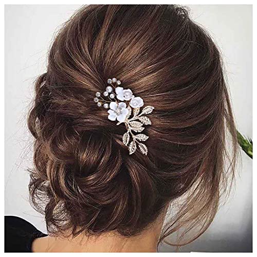 Cimenexe Bohemian Kristall Blume Haar Kamm Weiße Blume Haarspange Goldblatt Kopfbedeckung Vintage Perle Kopfbedeckung Haarteil Dekorative Hochzeit Kamm Haarschmuck Schmuck Für Frauen Und Mädchen von Cimenexe