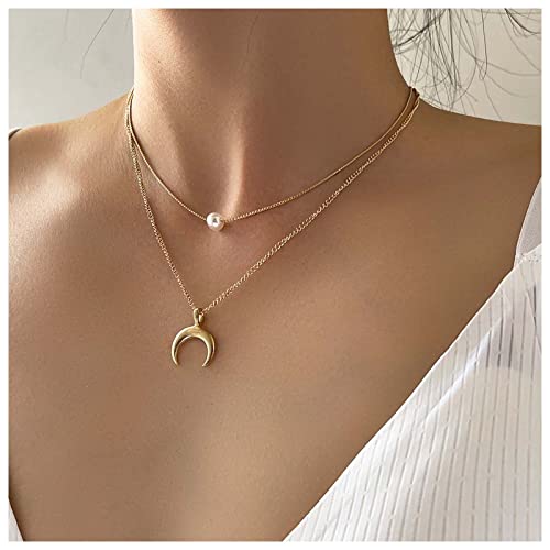 Cimenexe Bohemian Layered Moon Pendant Halskette Vintage Pearl Choker Halskette Crescent Moon Choker Halskette Perlenkette Choker Schmuck für Frauen und Mädchen Geschenke von Cimenexe