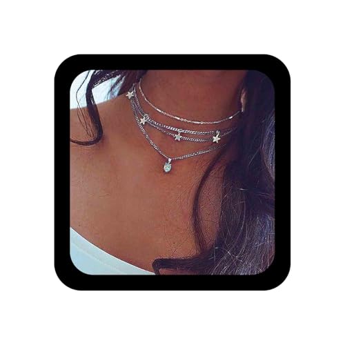 Cimenexe Bohemian Layered Moonstone Anhänger Halskette Star Dangle Choker Halskette Opal Halskette Geburtsstein Mondstein Halskette Silber Opalit Kragen Choker Halskette Schmuck für Frauen und Mädchen von Cimenexe